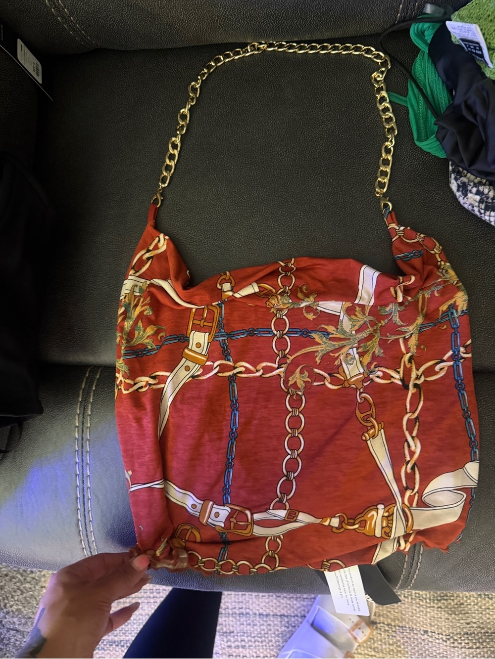 Red Chain-Print Shoulder Bag with Gold Chain Strap